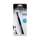 White background with a packet containing a Petosan Double Headed Toothbrush for medium dogs. On the packet is a black and white collie dog. 