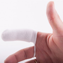 White background with a hand wearing a white Petosan Microfibre finger cloth Oral Cleaner for pets on the index finger. 