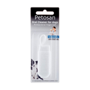White background with a packet containing a Petosan Microfibre fingercloth Oral Cleaner for pets. On the packet is a black and white collie dog. 