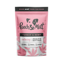 White background with a pink packet of Pooch & Mutt dog treats. The text on the packet states 'Turkey & Hemp, Calming, Grain-free, Junk-free, Probiotic Meaty Treats.'