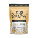 White background with a peach coloured packet of Pooch & Mutt dog treats. The text on the packet states 'Shrimp & Coconut, Skin & Coat, Grain-free, Junk-free, Probiotic Meaty Treats.'