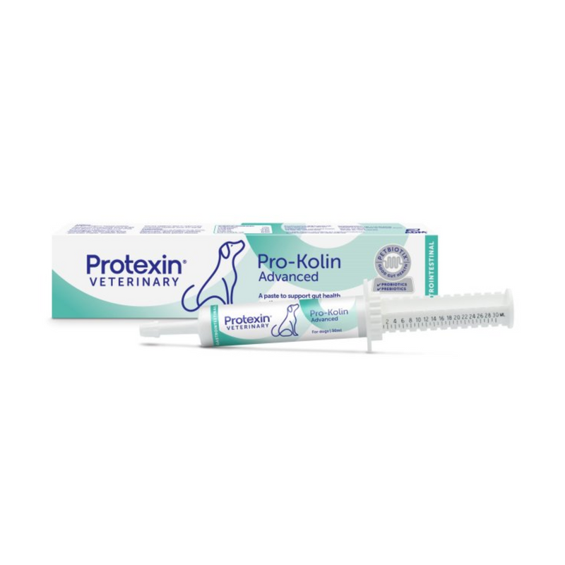 White background with a box and syringe of Protexin Pro-Kolin Advanced  picutred. On the box and syringe is an outline of a dog. Text on the box reads 'A paste to support gut health, soothe the gut lining & firm up feaces'.