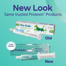 Teal background with a picture of the old green and white packaging of Pro Kolin for cats and dogs, with new design shown below with teal packaging. 
