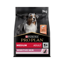 White background with a black bag of Purina Pro Plan Medium Sensitive Skin dry food. Pictured on the bag is an adult tri-coloured collie dog. 