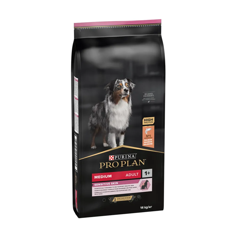 White background with a black bag of Purina Pro Plan Medium Sensitive Skin dry food. Pictured on the bag is an adult tri-coloured collie dog. 