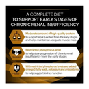 Black background with white text 'to support early stages of chronic Renal Insufficiency' below are white sections with orange titles and black text 'Moderate amount of high quality protein - to support renal function from the early stages and helps maintain an adequate muscle mass, Restricted phosphorus level - to help slow progression of chronic renal insufficiency from the early stages, With restricted phosphorus levels & added omega 3 fatty acids, potassium and antioxidants to help support kidney func' 