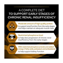 Insufficiency' below are white sections with orange titles and black text 'Moderate amount of high quality protein - to support renal function from the early stages and helps maintain an adequate muscle mass, Restricted phosphorus level - to help slow progression of chronic renal insufficiency from the early stages, With restricted phosphorus levels & added omega 3 fatty acids, potassium and antioxidants to help support kidney func' 