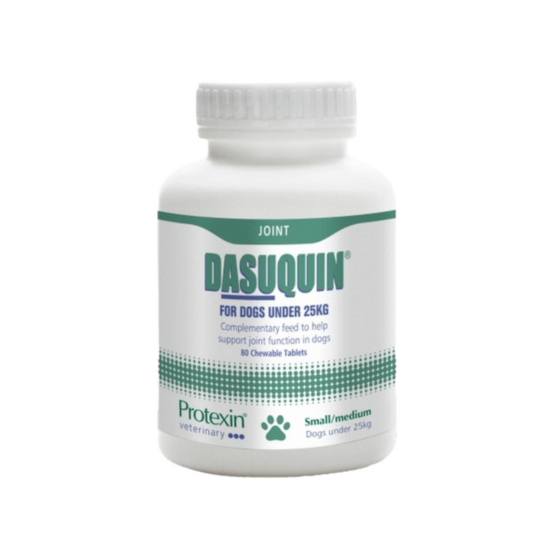 White background with a bottle of Protexin Dasuquin 80 tablets picutred. Text on the bottle reads 'For dogs under 25kg, complementary feed to help support joint function in dogs.'