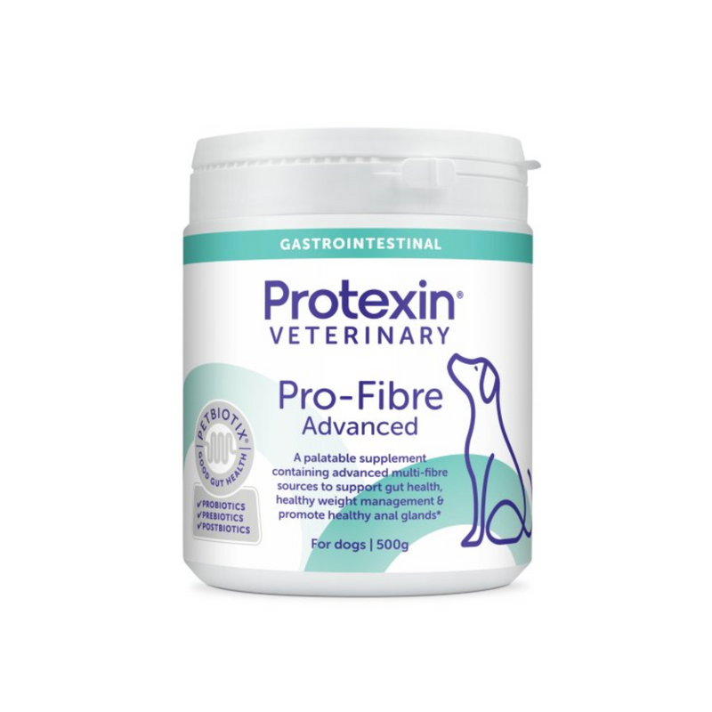 White background with a bottle of Protexin Pro-Fibre for dogs capsules picutred. On the bottle is an outline of a dog. Text on the box reads 'A palatable supplement containing advanced multi-fibre sources to support gut health, healthy weight management & promote healthy anal glands*.'