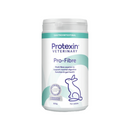 White background with a bottle of Protexin Pro-Fibre for rabbits capsules picutred. On the bottle is an outline of a rabbit. Text on the box reads 'Multi fibre sources to support normal digestive function & gut health.'