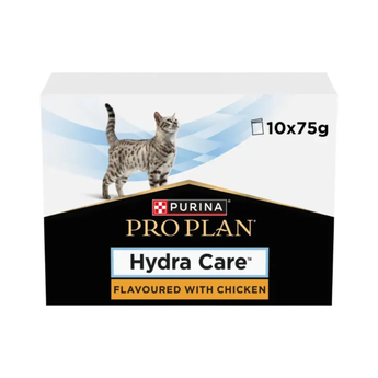 Purina Pro Plan Hydra Care flavoured with Chicken cat food packaging, featuring a grey tabby cat on a white and black box with blue accents.
