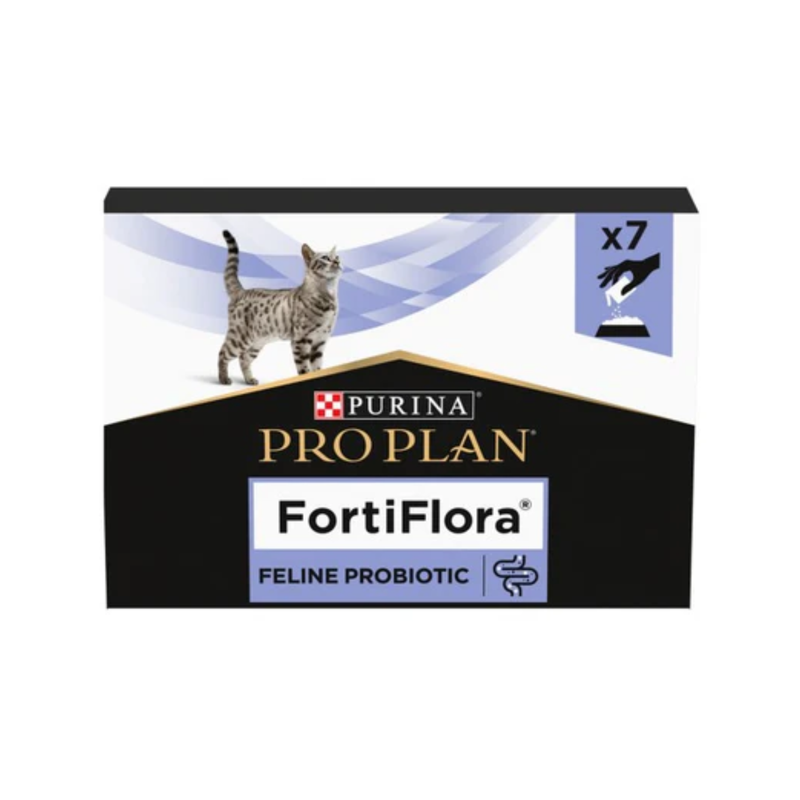 White background with a black and white box of Purina Pro Plan FortiFlora Feline Probiotic with a picture of a tabby cat on the box. 