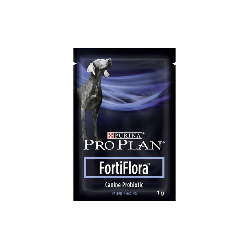 White background with a single sachet of Purina Pro Plan FortiFlora Canine Probiotic with a picture of a Weimaraner on the packet.