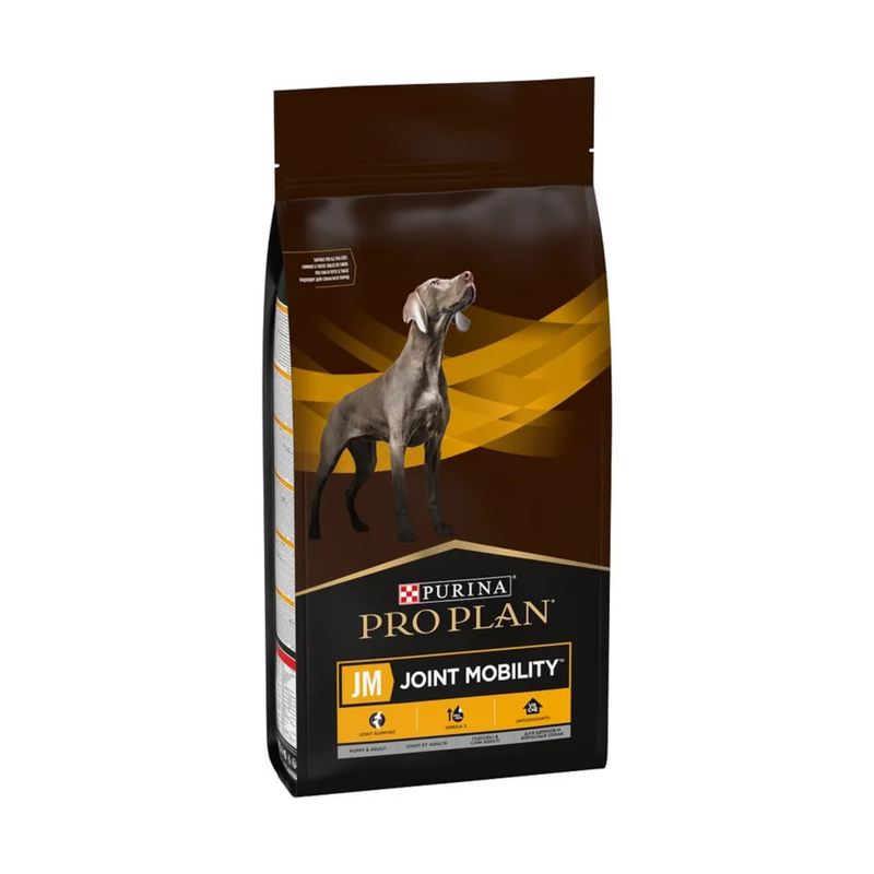 White background with a black bag of Purina Pro Plan Joint Mobility dry food. Pictured on the bag is an adult Weimaraner dog. 