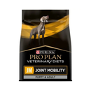 White background with a black bag of Purina Pro Plan Veterinary Diet Joint Mobility dry food. Pictured on the bag is an adult Weimaraner dog. 