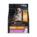 White background with a black bag of Purina Pro Plan Medium/Large Adult 7+ Age Defence dry food. Pictured on the bag is an adult tri-coloured collie dog. 