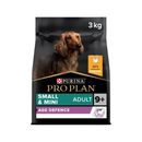 White background with a black bag of Purina Pro Plan Mini/Small Adult 9+ Age Defence dry food. Pictured on the bag is an adult long haired dachshund dog. 