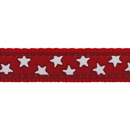 White background with close up of a red 'Red Dingo' dog collar with white stars along the length. 