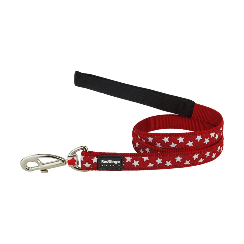 White background with a red 'Red Dingo' dog lead with white stars on it. 