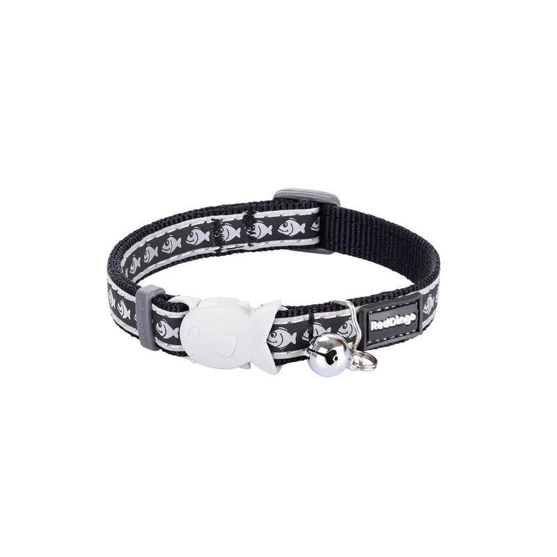 White background with a black cat collar with silver reflective fish on it and a plastic fish buckle pictured. 