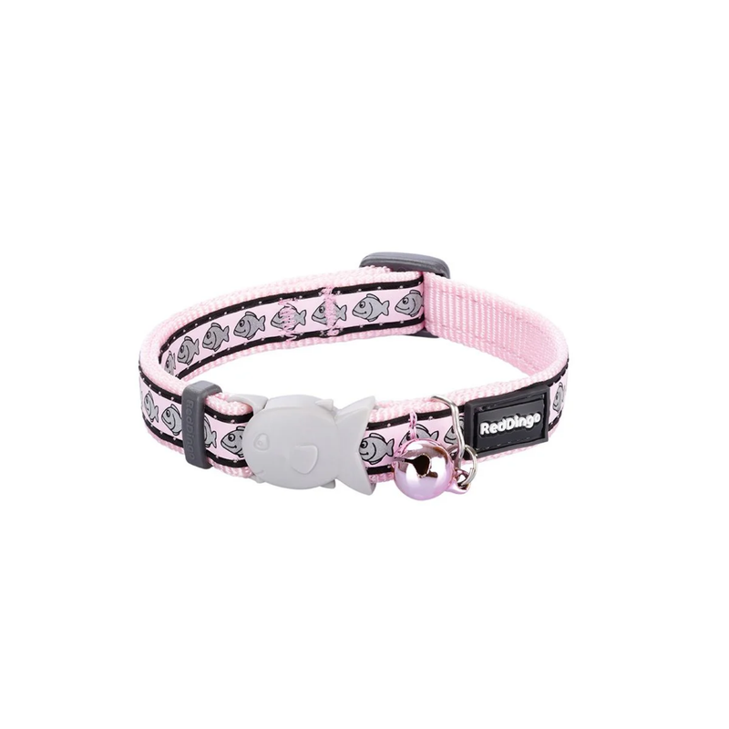 White background with a pink cat collar with silver reflective fish on it and a plastic fish buckle pictured. 