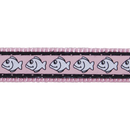 White background with a close up view of a pink cat collar with silver reflective fish on it. 