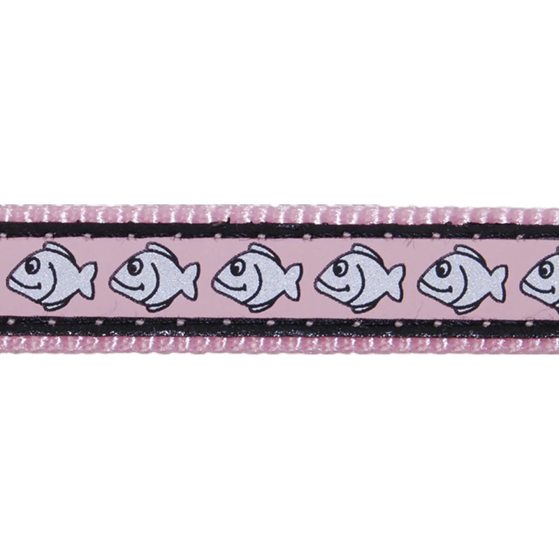 White background with a close up view of a pink cat collar with silver reflective fish on it. 
