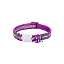 White background with a purple cat collar with silver reflective fish on it and a plastic fish buckle pictured. 