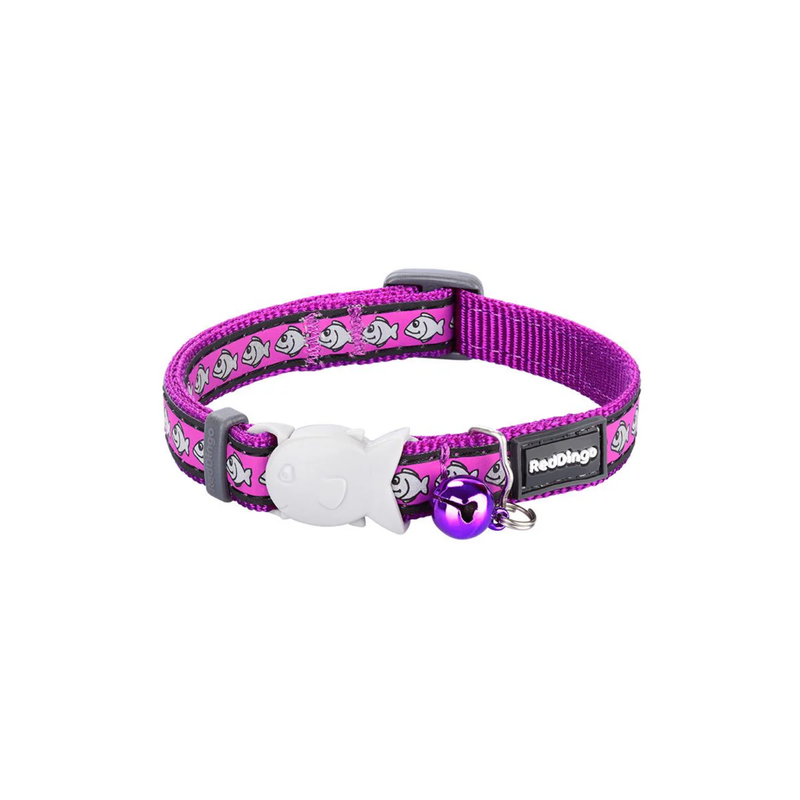 White background with a purple cat collar with silver reflective fish on it and a plastic fish buckle pictured. 