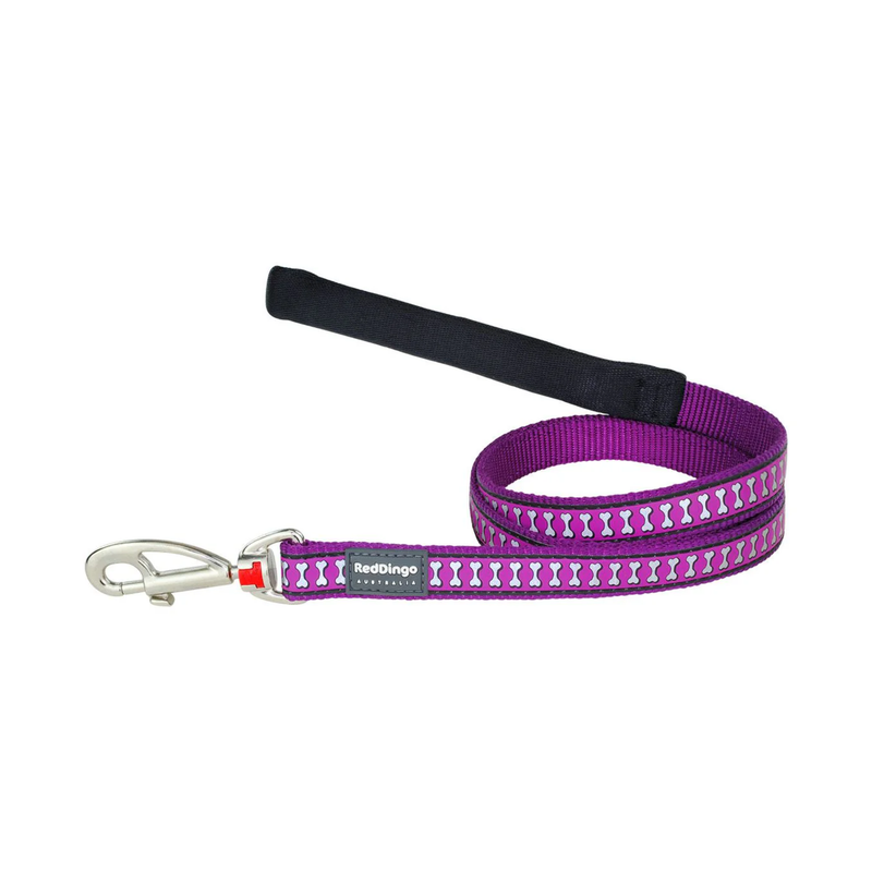 White background with a purple Red Dingo Reflective Lead with grey reflective bones along the length. 