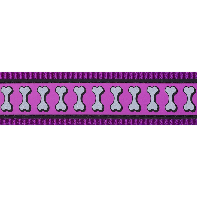White background with a close up of a purple Red Dingo Reflective Lead with grey reflective bones along the length. 