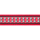 White background with a close up of a red 'Red Dingo' Reflective Lead with grey reflective bones along the length. 