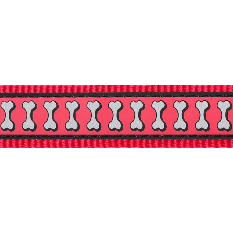 White background with a close up of a red 'Red Dingo' Reflective Lead with grey reflective bones along the length. 