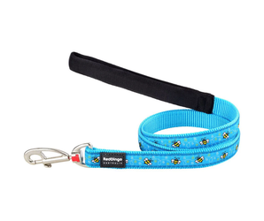 White background with a turquoise 'Red Dingo' dog lead with bees pictured on it. 