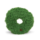 White background with a front view of a green plush dog toy Christmas wreath. 