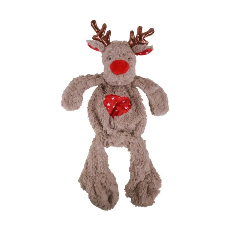 White background with a brown reindeer plush dog toy with red fabric with stars on the belly and inner ears, a red nose with stitched eye details and metallic antlers. 