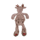 White background with back view of a brown reindeer plush dog toy with red fabric with stars on the feet, with metallic antlers. 