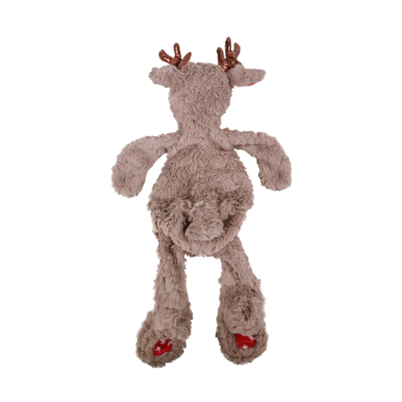 White background with back view of a brown reindeer plush dog toy with red fabric with stars on the feet, with metallic antlers. 