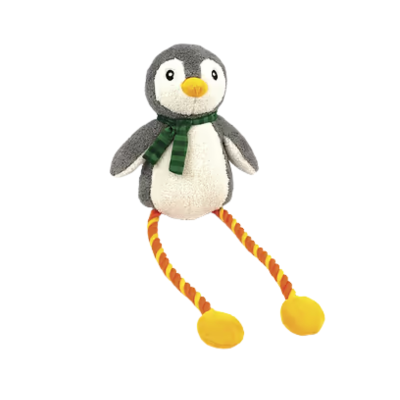 White background with grey and cream penguin with long orange and yellow rope legs wearing a green scarf. 