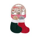 Two Catnip mice in stockings cat toys; one mouse is grey in a red stocking and the other is brown in a green stocking attached to a cardboard backing, pictured on a white background.