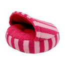 White background with a pink stripy cat cave pictured with the opening showing the inside. 
