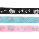 White background with three cat collars pictured. The collars are black, blue or pink with reflective illustrated features along the strap.