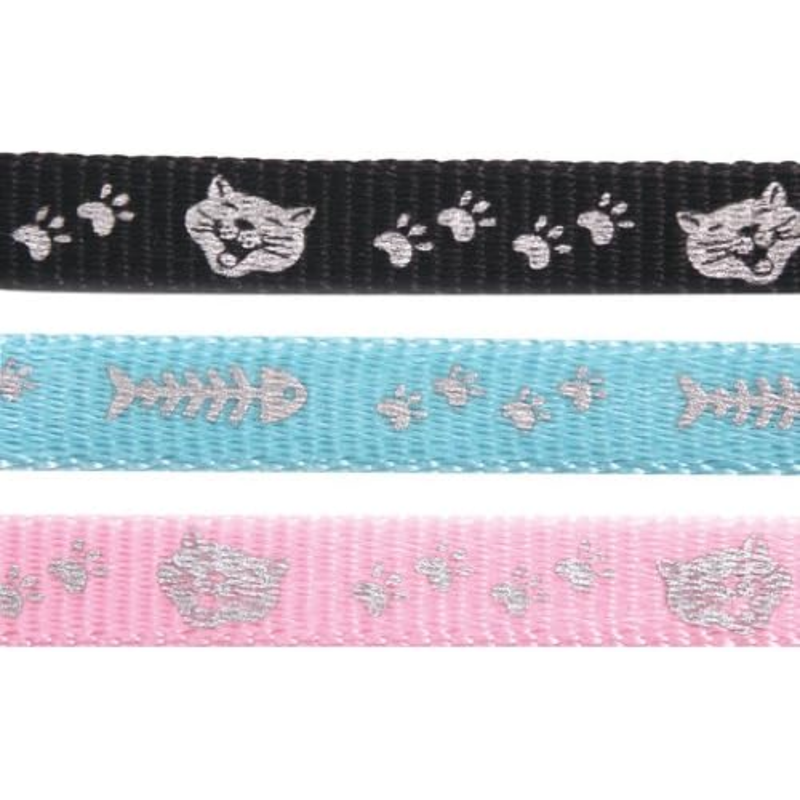 White background with three cat collars pictured. The collars are black, blue or pink with reflective illustrated features along the strap.