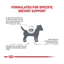 White background with a silhouette of a small terrier dog in the centre, around the dog is text reading 'Formulated for specific dietary support, In dogs, food sensitivities to specific protein sources may cause cutaneous and gastrointestinal signs, Small dogs are particularly prone to oral health issues, Persistent skin sensitivities can negatively impact dogs' quality of life.'  