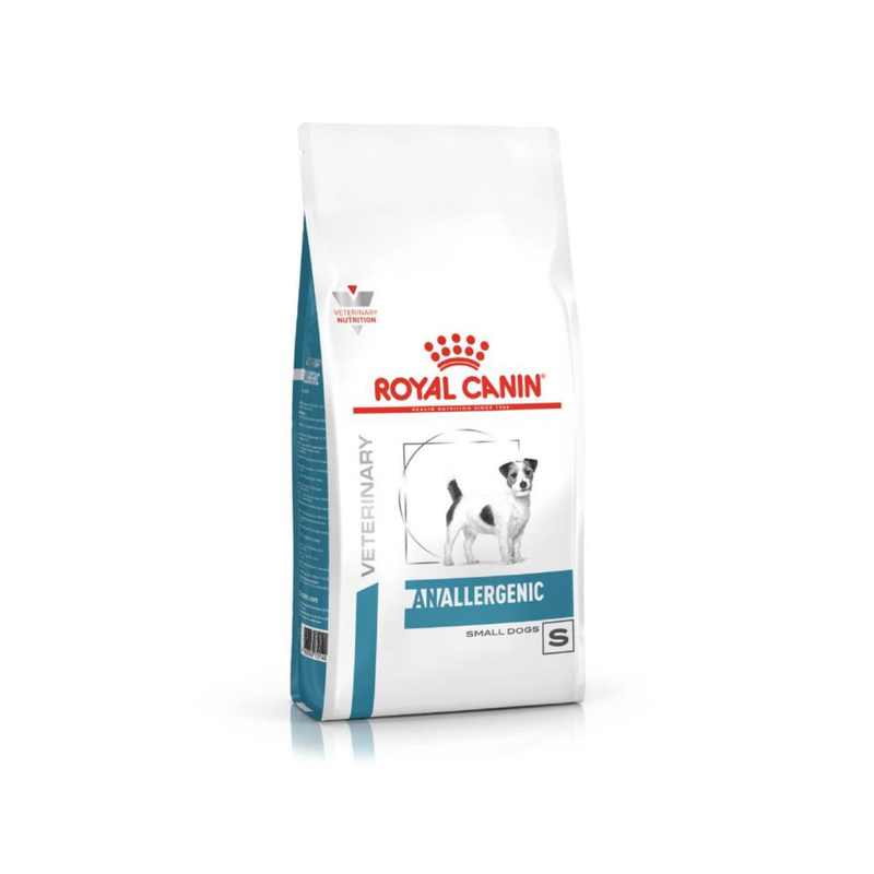 White background with a white bag of Royal Canin Anallergenic for Small dogs. Pictured on the bag is a Jack Russell type dog. 