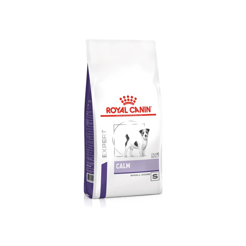 White background with a bag of Royal Canin Calm dry dog food with a Jack Russel terrier dog pictured on the packet, text on the pouch says 'Royal Canin Veterinary, Calm, Small Dogs'. 