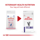 White background with a picture of the old pink and white packaging of Royal Canin Dental for cats, with new design shown below with purple and white packaging. 