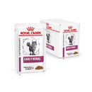 White background with a box of wet cat food pouches with an long haired tabby cat pictured on the box, text on the box says 'Royal Canin Veterinary, Early Renal, Thin slices in gravy' In the foreground is a pouch with the same text and style as the box. 