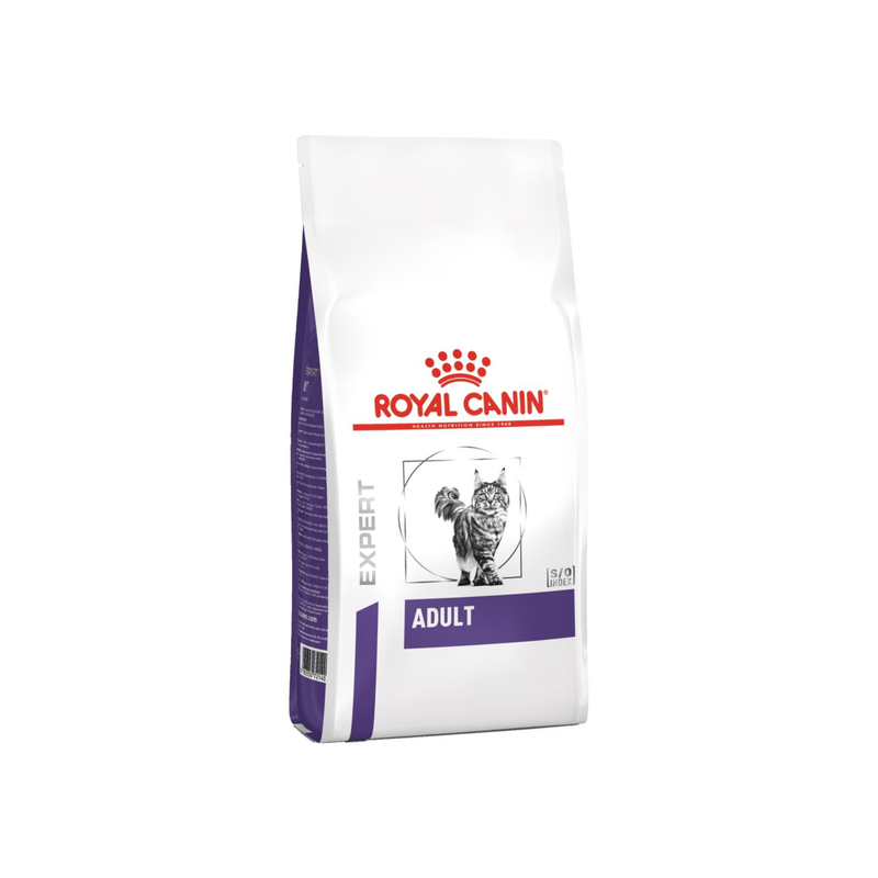 White background with a white bag of Royal Canin Adult Cat. Pictured on the bag is a long haired grey tabby cat. 