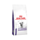 White background with a white bag of Royal Canin Calm for cats. Pictured on the bag is a long haired grey tabby cat. 